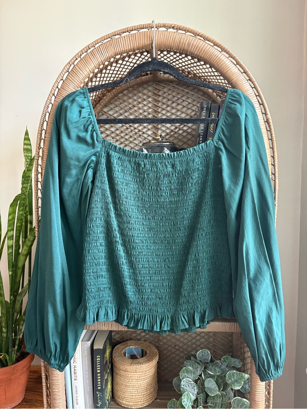 Smocked Square-Neck Long Sleeve Top - Teal